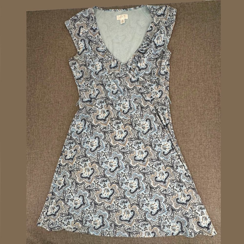 Ann Taylor LOFT Dress 14 Petite Paisley Print V-Neck Cap Sleeve Polyester‎ Blue